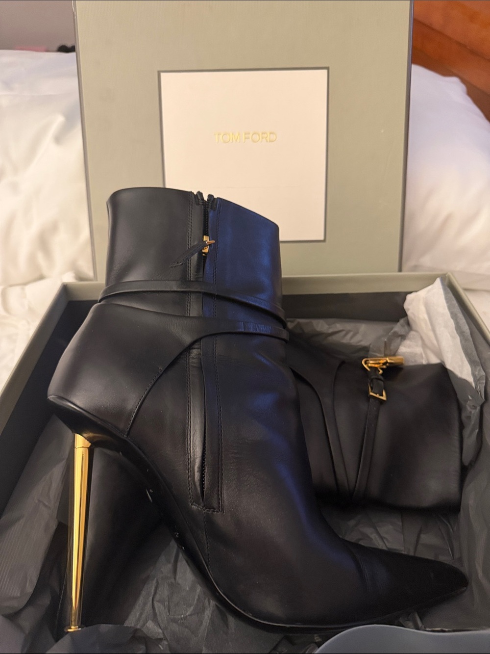 Tom Ford Black Leather Ankle Boots with Gold Stiletto Heel Accent